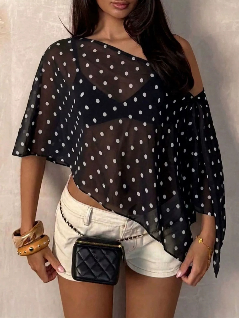 Zara Loose Asymmetric Off Shoulder Polka Dot Chiffon Top
